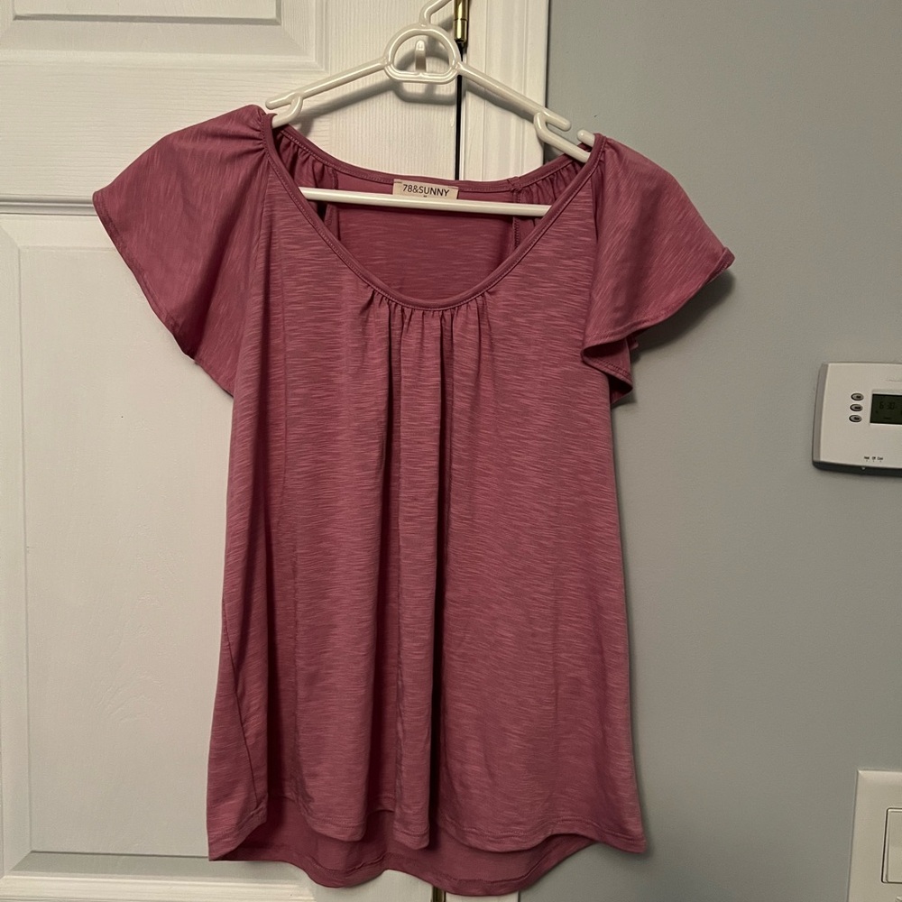 Pink Flutter Sleeve Blouse with Ruffled Neckline